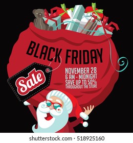 Black Friday super sale marketing template. Cartoon Santa Claus holding a huge bag of Christmas gifts with copy space. EPS 10 vector.