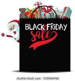 Black Friday super sale marketing template. Cartoon Santa Claus peeking out from behind a huge bag of Christmas gifts with copy space. EPS 10 vector.