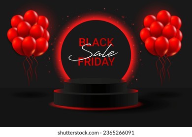 Viernes Negro súper venta podio de neón. Podio 3D negro con círculo de neón rojo brillante y brillo, globos. Cartel para la demostración de productos, promociones, descuentos, ventas. Burla de productos.