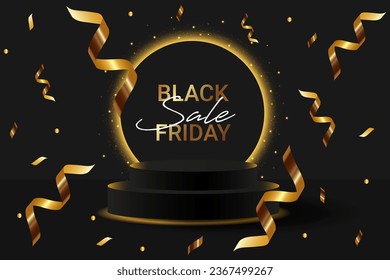 Black Friday super sale neon podium.Black 3D podium with glowing gold neon circle and glitter, serpantine. Banner for demonstrating products, promotions, discounts, sales,mockup.Vector illustration.