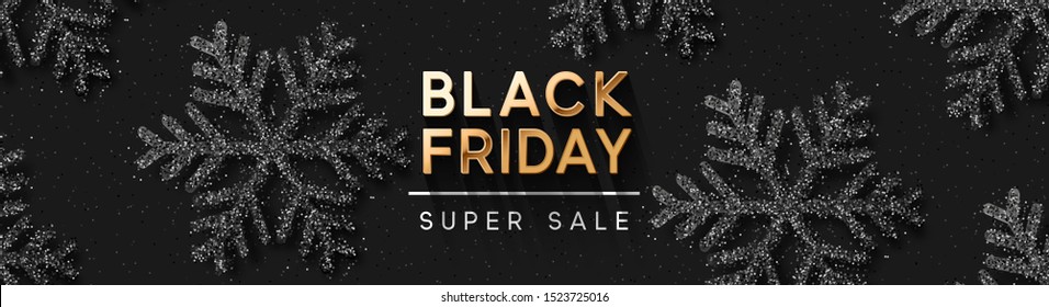 Black Friday Super Sale. Pattern with Shining silver Snowflakes. Dark background golden text lettering. Horizontal banner, poster, header website. vector illustration