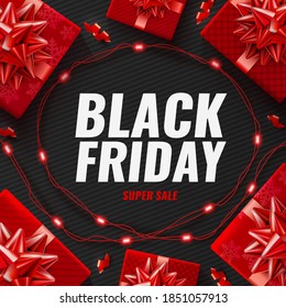 Black Friday Super Sale poster with realistic red gifts boxes and LED string lights on black background. Vector promotion horizontal banner, poster, header website template for Black Friday