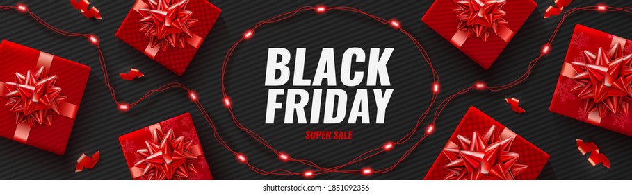 Black Friday Super Sale poster with realistic red gifts boxes and LED string lights on black background. Vector promotion horizontal banner, poster, header website template for Black Friday