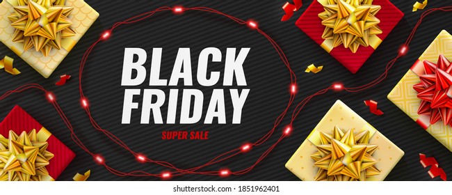 Black Friday Super Sale poster with realistic red and golden gifts boxes and LED string lights on black background. Vector promotion horizontal banner, poster, header website template for Black Friday