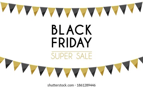 Black Friday Super Sale poster with paper bunting party flags isolated. Black friday sale banner, garland with flags. Decorative colorful party pennants for marketing event decor