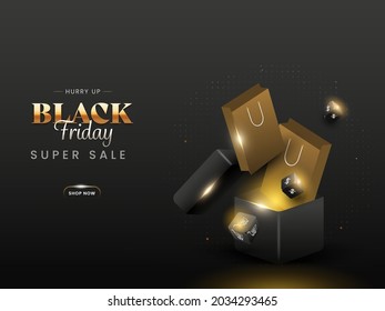 Black Friday Super Sale Poster Design With 3D Percentage Dice, Shopping Bags And Boxes On Black Background.