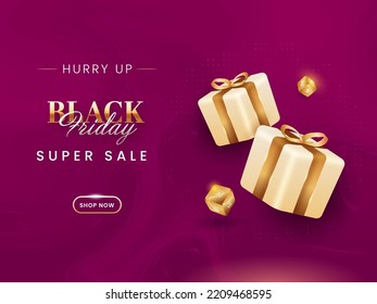 Black Friday Super Sale Poster Design With 3D Golden Gift Boxes And Dices On Dark Pink Marble Liquid Background.