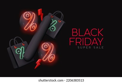 Black Friday super sale. Promo background with realistic 3d cartoon style elements, dark big percentage sign. Shopping bag, percent symbols. Promotion banner, web poster. Vector illustration