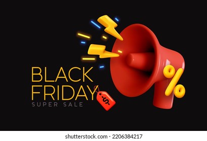 Black Friday super sale. Promo background with realistic 3d cartoon style elements, red megaphone, loudspeaker with lightning, percent symbols. Promotion banner, web poster. vector illustration