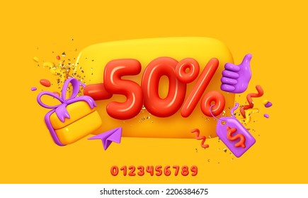 Black Friday super sale. Promo background ealistic 3d cartoon style elements, gift box, confetti, percent symbols. Promotion banner, web poster. Numbers for discounts from 0 to 9. Vector illustration