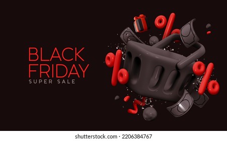 Black Friday super sale. Promo background with realistic 3D plastic cartoon style elements, shopping cart, food basket is empty, fall money, gift box. Promotion banner, web poster. vector illustration