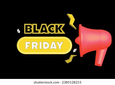Black Friday super sale. Promo background with realistic 3d cartoon style elements, red megaphone, Promotion banner, web poster. vector illustration