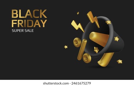 Black Friday super sale. Promo background with realistic 3d cartoon style elements, black gift, percent symbols, stars, percent symbols. Promotion banner, web poster. vector illustration