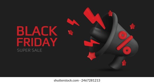 Black Friday super sale. Promo background with realistic 3d cartoon style elements, black gift, percent symbols, stars, percent symbols. Promotion banner, web poster. vector illustration