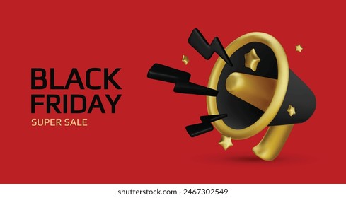 Black Friday super sale. Promo background with realistic 3d cartoon style elements, black gift, percent symbols, stars, percent symbols. Promotion banner, web poster. vector illustration