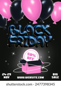 Black Friday super sale. Promo vertical background with realistic 3d balloon style letters, pink and black. Vector illustration of promotion banner, web poster.