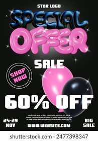 Black Friday super sale. Promo vertical background with realistic 3d balloon style letters, pink and black. Vector illustration of promotion banner, web poster.