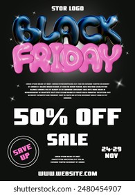 Black Friday super sale. Promo vertical background with realistic 3d balloon style letters, pink and black. Vector illustration of promotion banner, web poster.