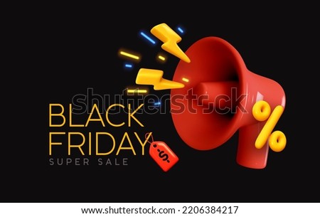 Black Friday super sale. Promo background with realistic 3d cartoon style elements, red megaphone, loudspeaker with lightning, percent symbols. Promotion banner, web poster. vector illustration