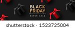 Black Friday Super Sale. Realistic black gifts boxes. Pattern with gift box with red bow. Dark background golden text lettering. Horizontal banner, poster, header website. vector illustration