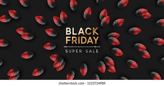 Black Friday Super Sale. Realistic leaf petals painted black and red color. Dark background golden text lettering. Pattern banner, poster, header website. vector illustration
