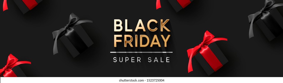 Black Friday Super Sale. Realistic black gifts boxes. Pattern with gift box with red bow. Dark background golden text lettering. Horizontal banner, poster, header website. vector illustration - Shutterstock ID 1523725004