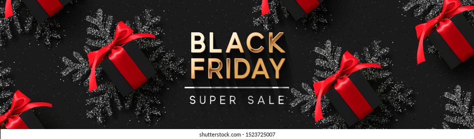 Black Friday Super Sale. Realistic black gifts boxes. Pattern with gift box with red bow. Dark background golden text lettering. Horizontal banner, poster, header website. vector illustration