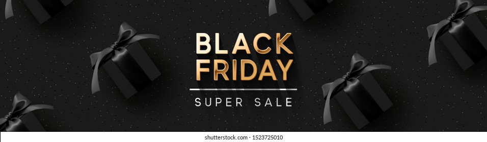 Black Friday Super Sale. Realistic black gifts boxes. Pattern with gift box. Dark background golden text lettering. Horizontal banner, poster, header website. vector illustration - Shutterstock ID 1523725010
