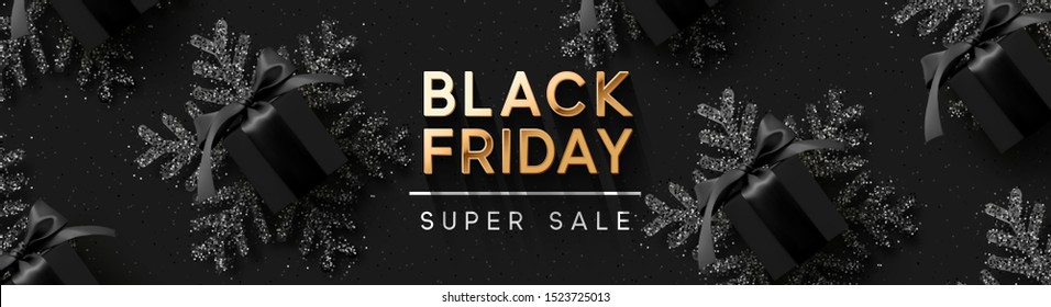 Black Friday Super Sale. Realistic black gifts boxes. Pattern with gift box. Dark background golden text lettering. Horizontal banner, poster, header website. vector illustration