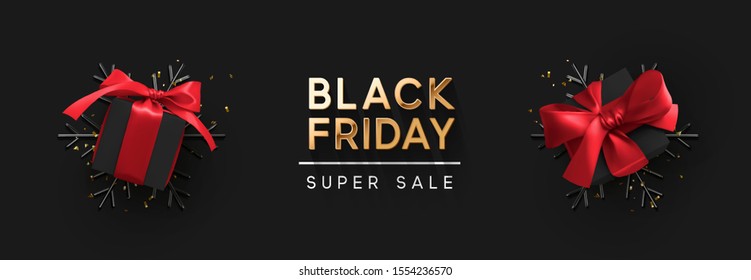 Black Friday Super Sale. Realistische schwarze Geschenkbox. 3D Schneeflocken mit glänzendem goldenen Konfetti, Geschenkbox mit rotem Bogen. Dunkler Hintergrund, goldener Text. Horizontale Banner, Poster, Header-Website.