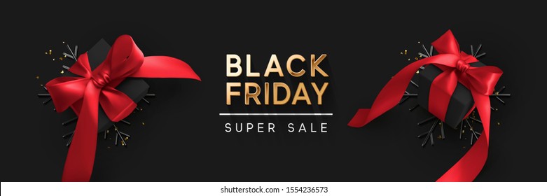 Black Friday Super Sale. Realistic black gifts boxes. 3d snowflakes with glitter gold confetti, gift box with red bow. Dark background golden text lettering. Horizontal banner, poster, header website.