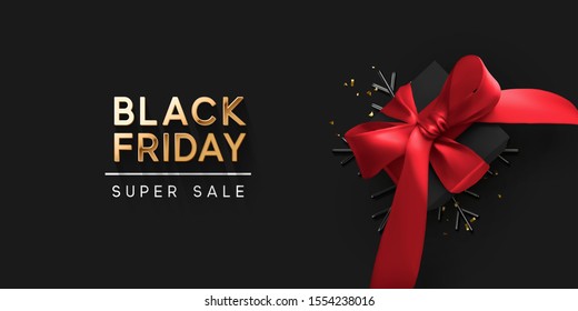 Black Friday Super Sale. Realistic black gifts boxes. 3d snowflake with glitter gold confetti, gift box with red bow. Dark background golden text lettering. Holiday banner, poster. vector illustration