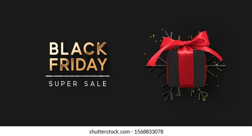 Black Friday Super Sale. Realistic black gifts boxes. 3d snowflake with glitter gold confetti, gift box with red bow. Dark background golden text lettering. Holiday banner, poster. vector illustration Black Friday Super Sale. Realistic black gifts boxes. 3d snowflake with glitter gold confetti, gift box with red bow. Dark background golden text lettering. Holiday banner, poster. vector illustration