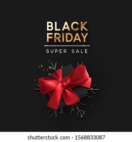 Black Friday Super Sale. Realistic black gifts boxes. 3d snowflake with glitter gold confetti, gift box with red bow. Dark background golden text lettering. Holiday banner, poster. vector illustration