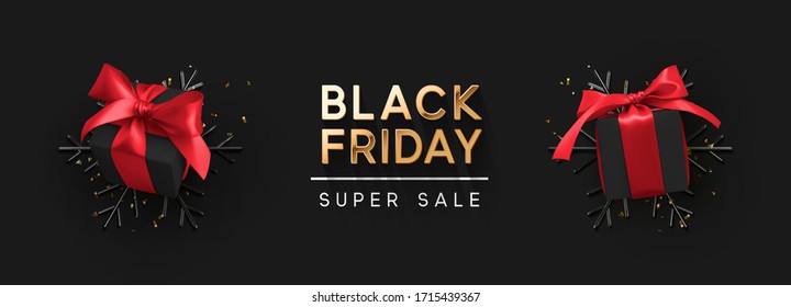 Black Friday Super Sale. Realistic black gifts boxes. 3d snowflakes with glitter gold confetti, gift box with red bow. Dark background golden text lettering. Horizontal banner, poster, header website.
