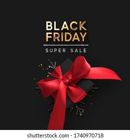 Black Friday Super Sale. Realistic black gifts boxes. 3d snowflake with glitter gold confetti, gift box with red bow. Dark background golden text lettering. Holiday banner, poster. vector illustration