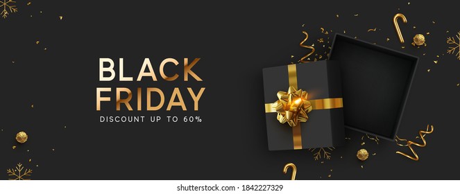 Black Friday Super Sale. Realistic black gifts boxes. Empty open gift box top view with gold bow. Dark background golden text lettering. Horizontal banner, poster, header website. vector illustration