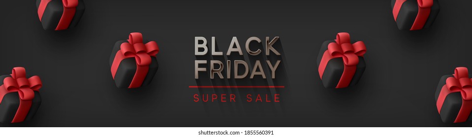 Black Friday Super Sale. Realistische schwarze Geschenkbox. Muster mit Geschenkbox mit roter Schleife. Dunkler Hintergrund, silberner Text. Horizontale Banner, Poster, Header-Website. Vektorgrafik