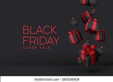 Super promoção da Black Friday. Caixas de presentes pretas realistas. Caixa de presente caindo cheia de objeto festivo de bola decorativa. Letras de texto em vermelho. Design de Ano Novo e Natal. Fundo de natal. ilustração vetorial