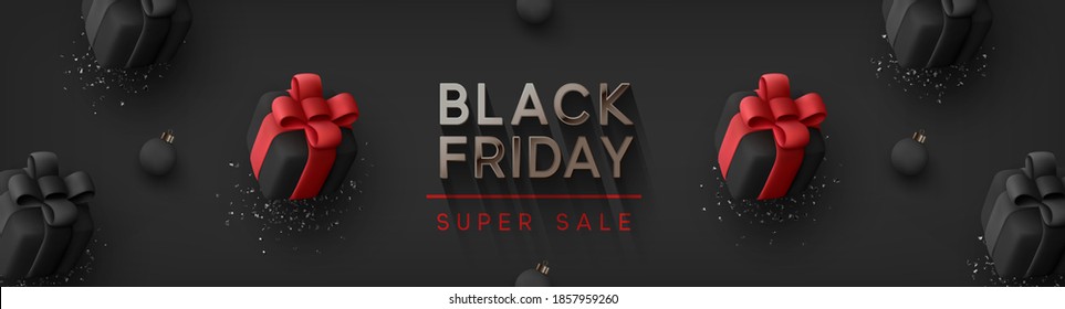 Black Friday Super Sale. Realistic black gifts boxes. Pattern with gift box with red bow. Dark background silver text lettering. Horizontal banner, poster, header website. vector illustration