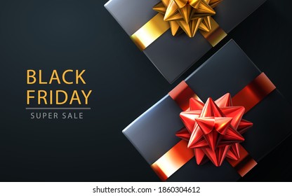 Black Friday Super Sale. Realistic black gifts boxes of decorative festive object. Golden text lettering. New Year and Christmas design. Xmas background. vector illustration