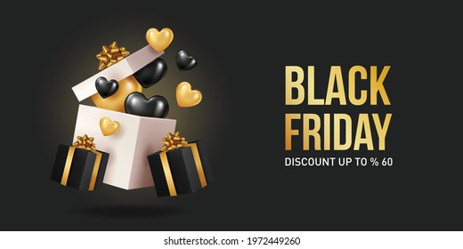 Black Friday Super Sale. Realistic black gifts boxes. Gift box full of decorative festive object. Golden text lettering .Universal vector background for poster, banners, flyers, card, brochure