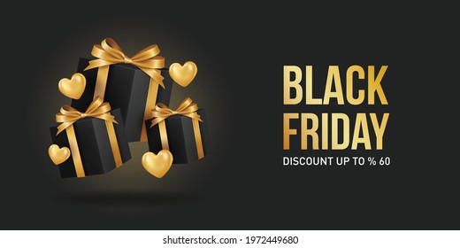 Black Friday Super Sale. Realistic black gifts boxes. Gift box full of decorative festive object. Golden text lettering .Universal vector background for poster, banners, flyers, card, brochure