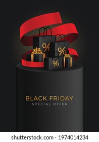 Black Friday Super Sale. Realistic black gifts boxes. Gift box full of decorative festive object. Golden text lettering .Universal vector background for poster, banners, card,advertising brochure