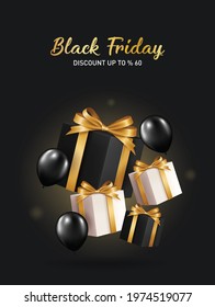 Black Friday Super Sale. Realistic black gifts boxes. Golden text lettering .Universal vector background for poster, banners, flyers, card, brochure