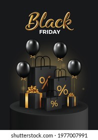 Black Friday Super Sale. Realistic black gifts boxes. Gift box full of decorative festive object. Golden text lettering .Universal vector background for poster, banners, flyers, card, brochure