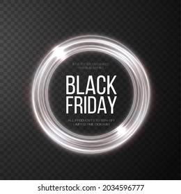 Black Friday Super Sale. Realistic White Luminous Round Frame. 
Light Golden Twirl.
Curve Light Effect Of Golden Line.
Luminous White Circle.
Light White Pedistal, Podium, Platform, Table.
Vector PNG