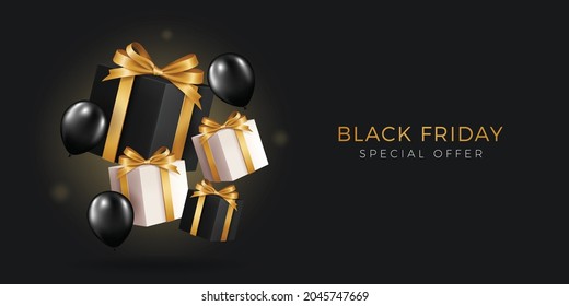 Black Friday Super Sale. Realistic black gifts boxes. Golden text lettering .Universal vector background for poster, banners, flyers, card, brochure