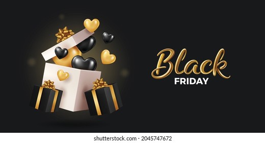 Black Friday Super Sale. Realistic black gifts boxes. Open gift box full of decorative festive object. Golden text lettering .Universal vector background for poster, banners, flyers, card, brochure