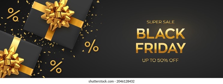 Black Friday Super Sale. Realistic black gifts boxes with golden bows. Dark background with present boxes and golden percent symbols. Horizontal banner, poster, header website. Vector illustration.